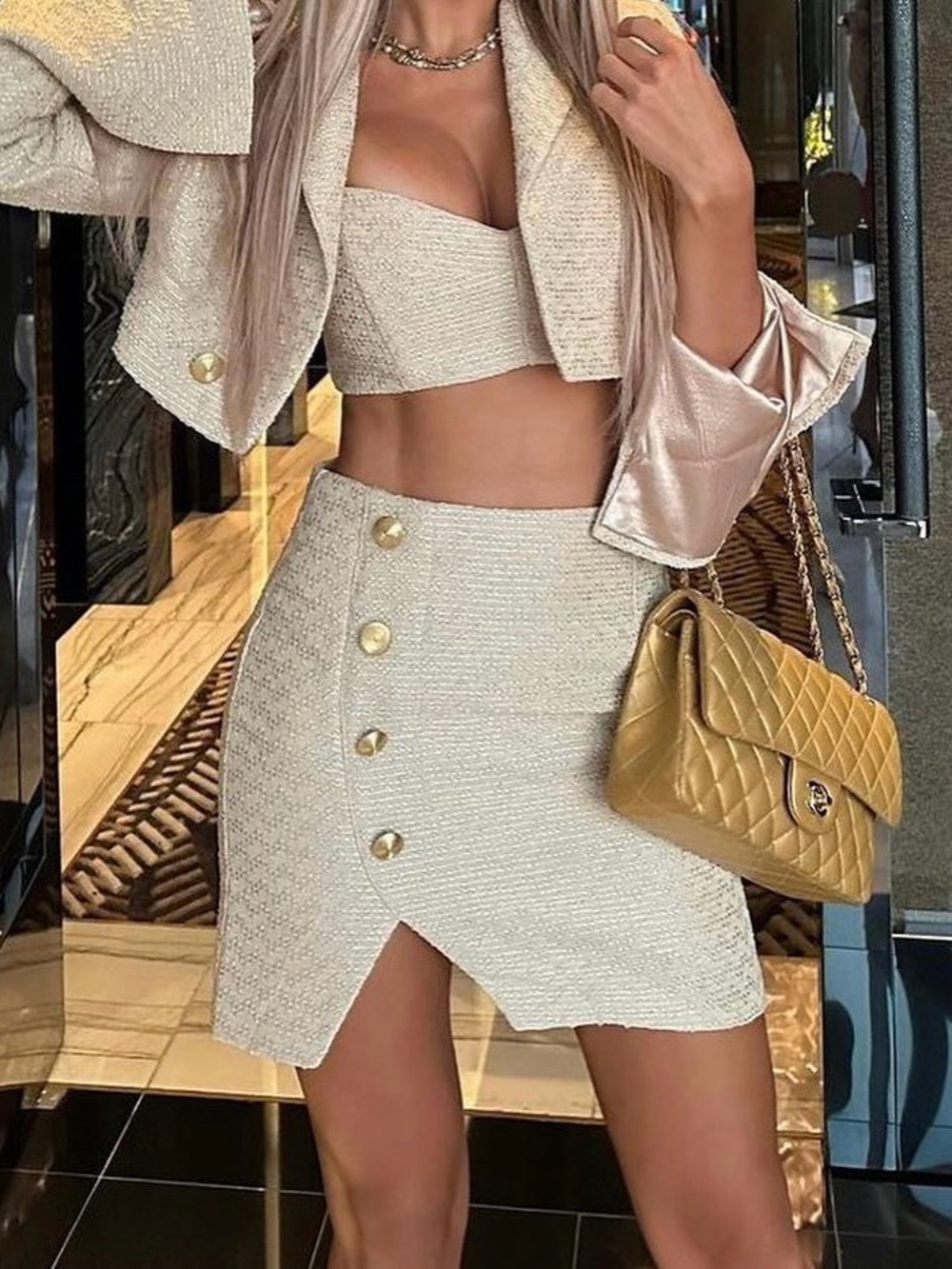 NWT Nookie ‘Queen’ Tweed Gold Button Detail Mini Skirt in “Nude” Size Medium